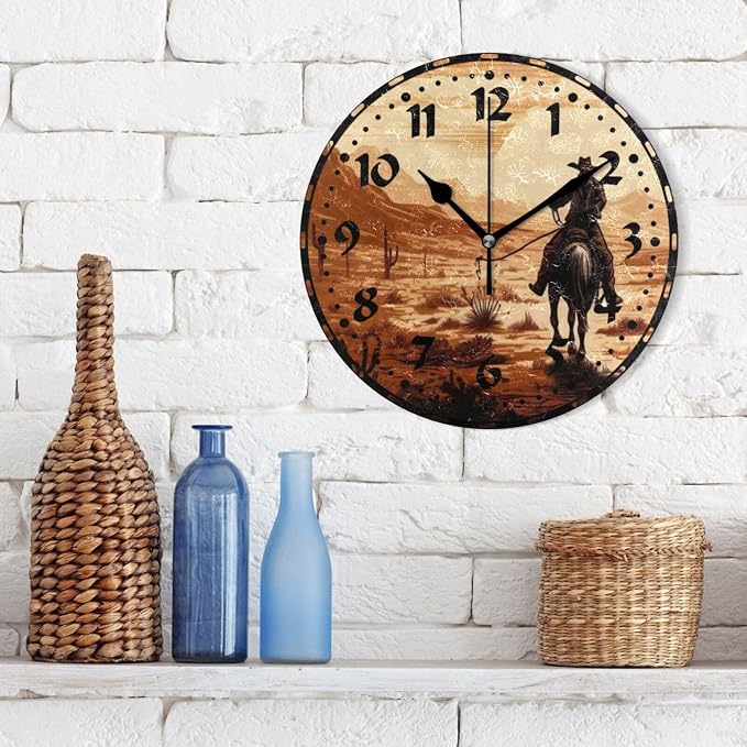 Vintage Western Cowboy Wall Clock, Silent Non Ticking 10 Inch Battery Operated Wall Clocks, Easy to Read Clock for Home Kitchen Living Room Bathroom Office Decor