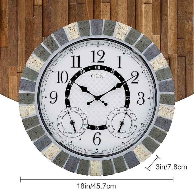 OCEST 18 Inch Outdoor Wall Clock with Night Light, Waterproof Thermometer & Hygrometer Combo, Battery Operated Silent Non-Ticking Large Patio Clock for Garden, Pool, Porch (Rustic Gray)
