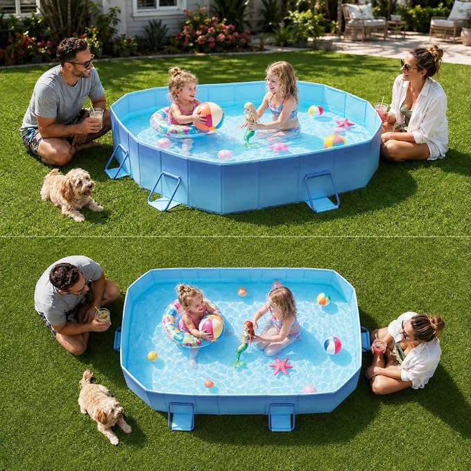 Japard Foldable Non-Inflatable Pool Small 73" Kiddie Kids Aqua Blue | Non-Inflatable Swimming Reinforced Sidewalls 18" Deep for Baby Toddler Adults Backyard No Hassle Collapsible Portable