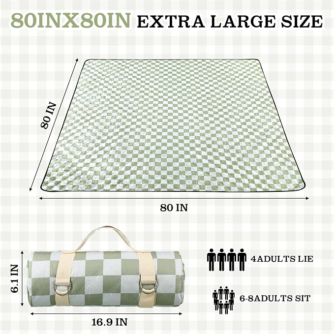 Nuanchu Checkered Picnic Blanket Extra Large Outdoor Blanket Sandproof 80"x80" Waterproof Portable Machine Washable 3 Layer Thick Gingham Picnic Mat for Beach Camping Park Grass Travel(Grass Green)