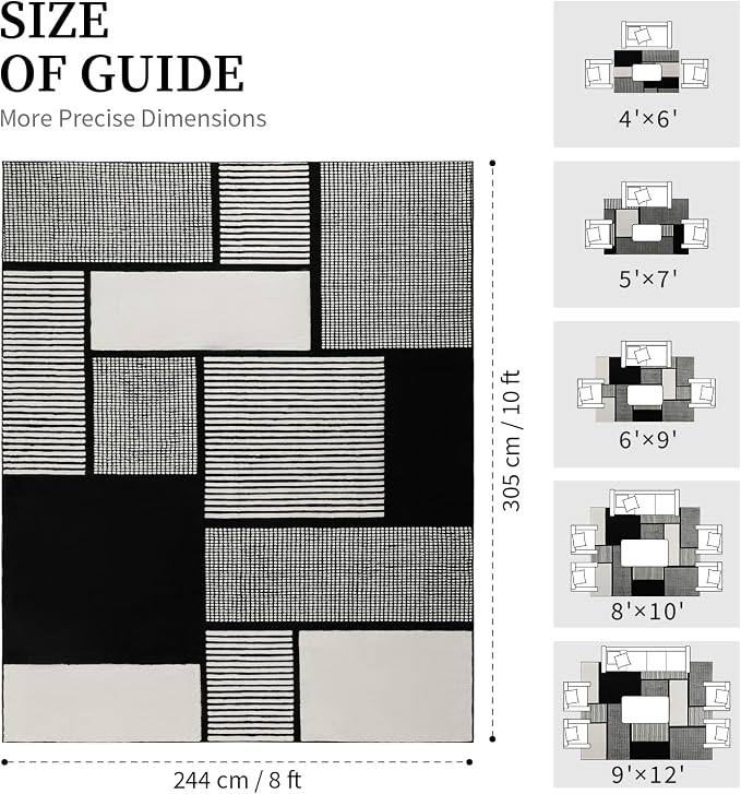 8x10 Large Black and White Area Rug, Washable Living Room Carpet | Stain-resistant Low-pile Black and White Large Carpet, Non Slip Abstract Rug for Living Room Dining Room and Bedroom Floors