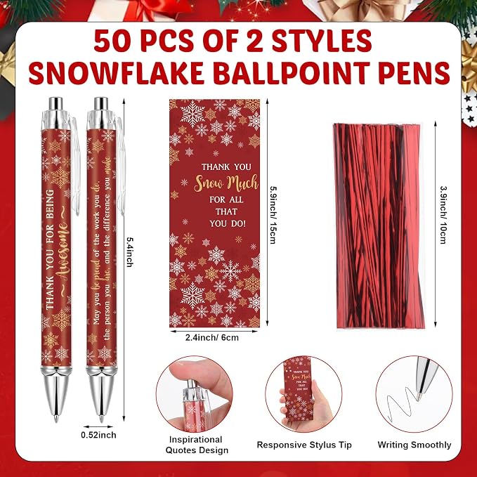 Tenceur 50 Sets Winter Pens Bulk Thank You Snowflake Ballpoint Pens Employee Appreciation Gift Inspirational Coworker Gift with Cards Twist Ties for Office Coworker Staff Nurse Teacher(Red)