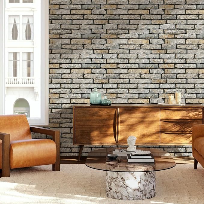 COMSTICKC 3D Stone Wall Panel Peel and Stick,12 Pcs of 22.8" x 11.8", DIY Lightweight PVC Stone Brick Textured Self Adhesive Wall Tiles Backsplash Interior Decor, Paintable, Covers 22.48 sq.ft