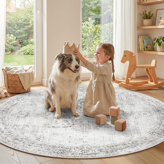 Round Rugs 6ft Washable Rug, Vintage Boho Medallion Rugs Non-Slip Soft Low Pile Circle Distressed Rug Indoor Retro Carpet for Living Room Bedroom Dining Room Home Office (Grey, 6' Round)