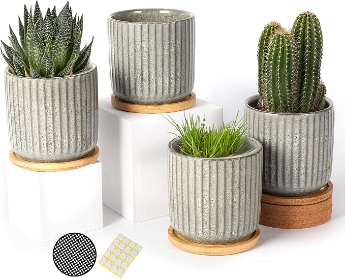 4 Inch Ceramic Plant Pot with Saucer, Creative Stripe Grey-Green Small Planters Pots with Drainage Hole and Mesh Pads for Succulent, Cactus, Herbs - Set of 4 | Stripe Grey-green, Small Planters Pot, for Succulent, Cactus, Herbs, Set of 4