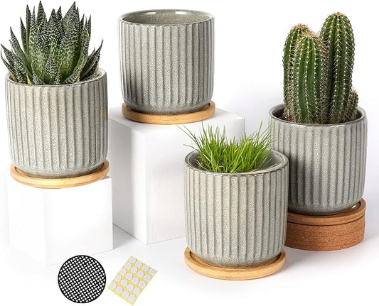4 Inch Ceramic Plant Pot with Saucer, Creative Stripe Grey-Green Small Planters Pots with Drainage Hole and Mesh Pads for Succulent, Cactus, Herbs - Set of 4 | Stripe Grey-green, Small Planters Pot, for Succulent, Cactus, Herbs, Set of 4