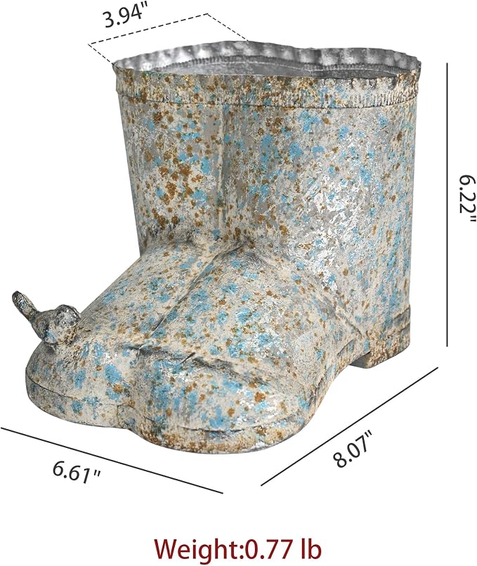 Vintage Galvanized Metal Rain Boot Planter with Bird Accent, Rustic Farmhouse Boot-Shaped Flower Pot, Decorative Indoor Outdoor Planter for Succulents, Herbs, Garden & Porch Decor