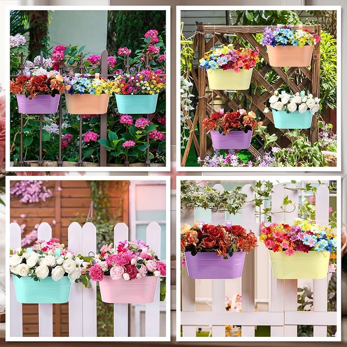 12 Pack Hanging Flower Pot Colorful Metal Iron Bucket Fence Hanging Planters with Detachable Hook Bucket Flower Holder for Railing Balcony Garden Yard Spring Decor (10.6X 5.5 x 4.7 in,Round)