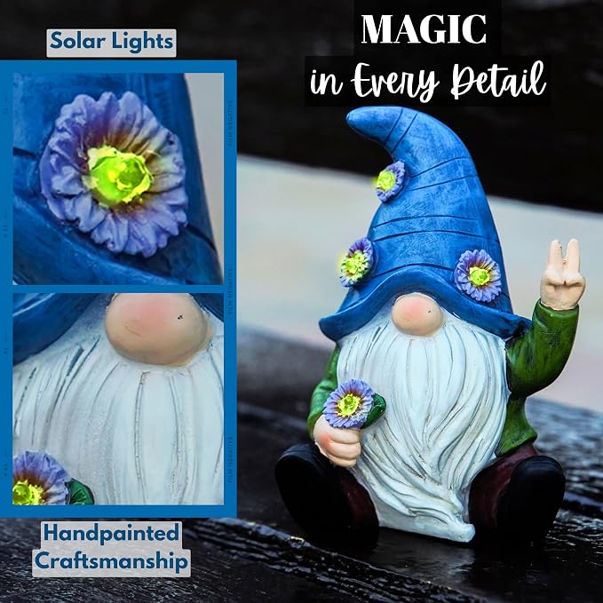 Blue Peace Yard Gnomes - Solar Statue, 11 Inch | Charges all day and lights itself after dark, no wires and no outlet to find. Hand-painted resin, built to live outside.