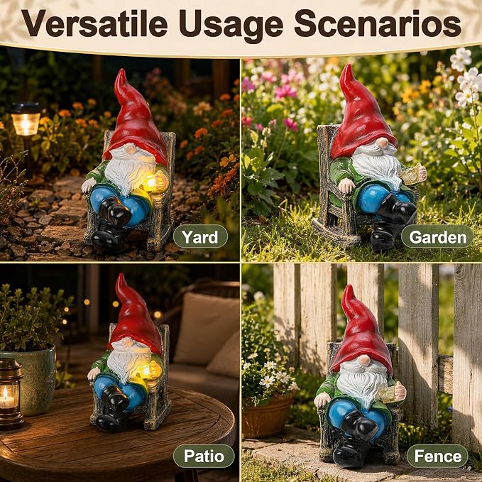 Solar Garden Gnomes Outdoor Statue with Rocking Chair and Teacup Decor, Lawn Decor for Yard, Patio, Balcony, Porch, Funny Gnomes Gift for Mom Women Men Dad Grandma