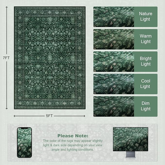 5x7 Area Rugs Living Room: Washable Rug for Bedroom Deep Green | Boho No Slip Stain Resistant Rug Soft Indoor Decor Floor Floral 5x7 Area Rugs for Dining Room, Nursery, Hallway, Home Office