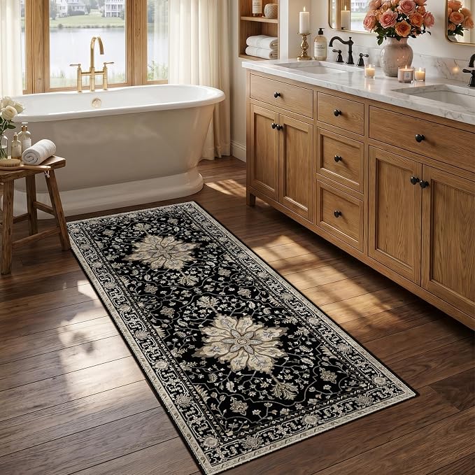 RELEANY Washable Area Rug, Runner 2'6"x5', Black/Neutral | Non-Slip, Water Repellent, Pet Friendly, Easy to Clean, Vintage Floral Boho Decor for Kitchen Entry Bedroom Bedside Laundry