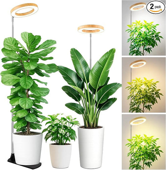 LBW Grow Lights for Indoor Plants, 6.3" Full Spectrum Plant Light with Base, 65" Height Adjustable Grow Lamp, 6/8/12/16H Timer, 3 Colors, 5 Dimmable Levels, for Tall Large Plants, Bamboo Grain, 2 Pack