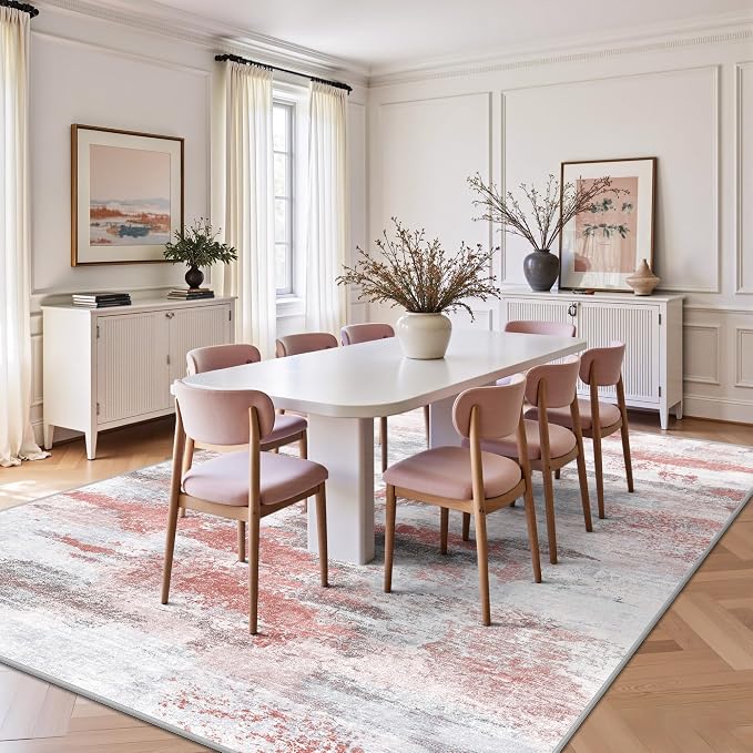 8x10 Rugs for Living Room - Modern Abstract Washable Rug, Ultra Soft Non Slip Low Pile Large Rugs, Floor Carpet for Bedroom Dining Room Office Laundry Nursery Home（Pink & Grey）