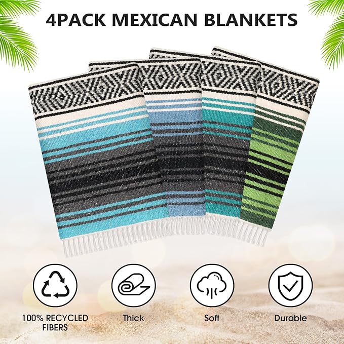 Oudain 4 Pcs Mexican Blankets Bulk Handwoven Mexican Yoga Blanket Towel Colorful Falsa Serape Woven Throw Blanket Boho Beach Blankets for Outdoor Camping Beach Picnic Travel Home (Blue Green)
