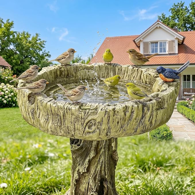 SKYFIRE Bird Baths for Outdoor - 24.4" Tall Pedestal Birdbath with Bird, Fibre Reinforced Concrete with Woodland Tree Trunk Décor Modern and Durable,Bird Bath for Outside, Garden, Patio,Lawn,Backyard