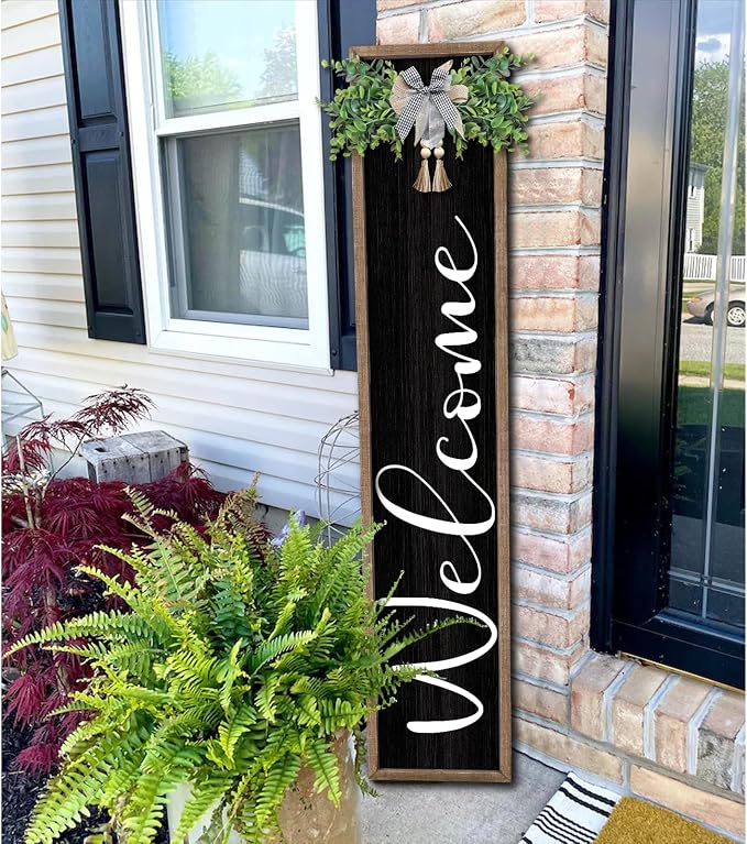 flowtorely Outdoor Welcome Sign for Front Porch Standing 45"×9" Vertical Leaner Wood Frame Tall Outside Rustic Large farmhouse Home Decor Welcome Sign for Front Door Decorations (Wood Black)