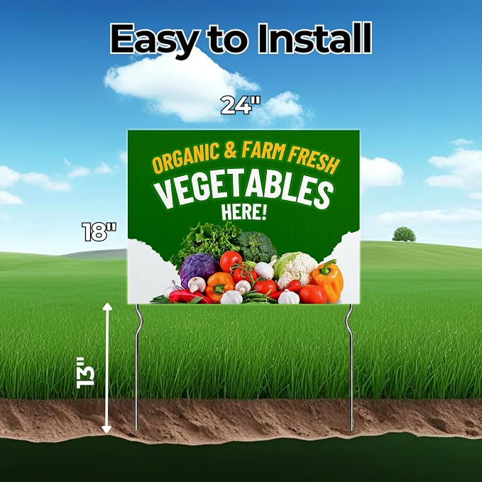Organic & Farm Fresh Vegetables Here! Yard Sign by DC | 24"x18" Double Sided Conv. Store Garden Sign with 13” Metal Stakes | Outdoor Signs Waterproof for Lawn, Patio, Sidewalk & House | Set of 2