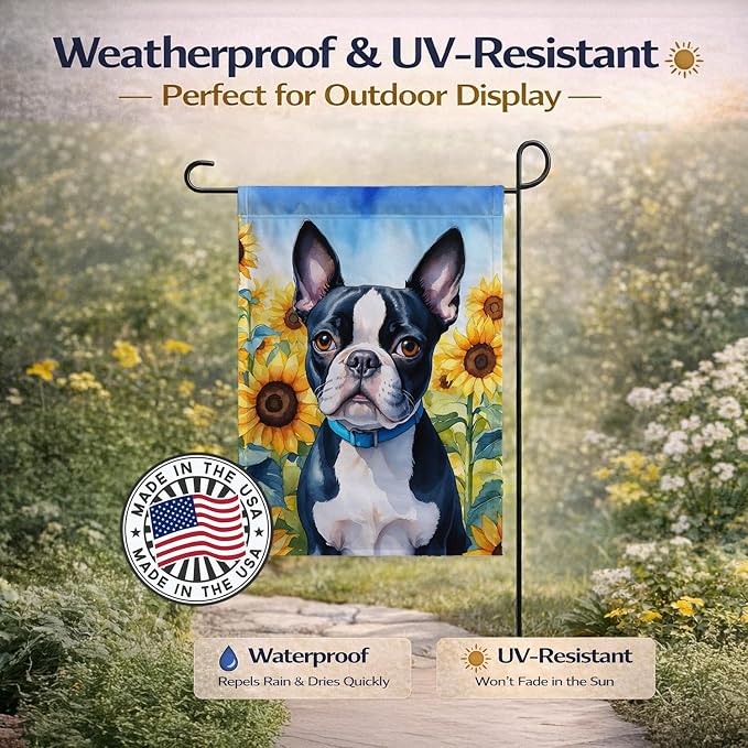 Caroline's Treasures DAC6036GF Boston Terrier in Sunflowers Garden Flag Mailbox Flag Decorative Yard Flag Banner Outside Patio Artwork Yard Flower Beds, Garden Size, Multicolor