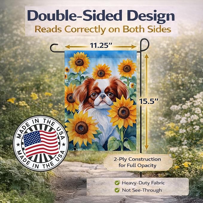 Caroline's Treasures DAC6104GF Japanese Chin in Sunflowers Garden Flag Mailbox Flag Decorative Yard Flag Banner Outside Patio Artwork Yard Flower Beds, Garden Size, Multicolor