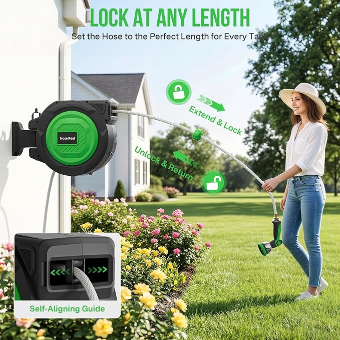 Retractable Garden Hose Reel, 1/2 in x 100 ft Automatic Slow Rewind System & Any Length Lock, Heavy Duty Wall-Mounted Hose Reel with 180° Swivel Bracket,10-Pattern Nozzle for outside Watering,Cleaning