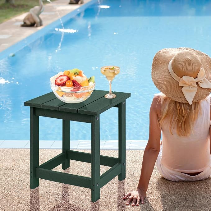 LZRS Patio Side Table, Heavy Duty HDPE Outdoor End Table with Wood Texture, Weatherproof Composite Table for Adirondack Chairs, Deck, Pool, Indoor/Outdoor, No Peeling or Cracking(Dark Green)