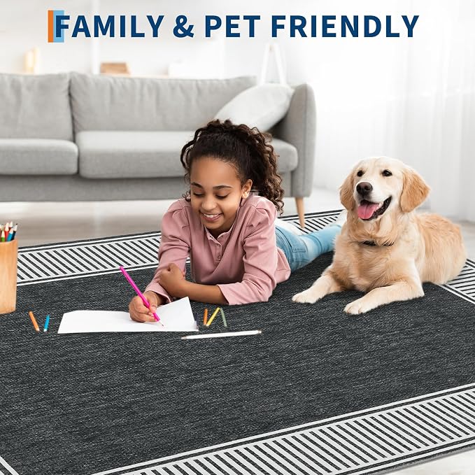 GarveeHome Hallway Runner Rug 2x10 Washable Kitchen Runner Carpets | Non Slip Stain Resistant Modern Bordered Black Rugs for Bathroom Living Room Bedroom, Black