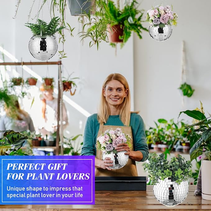 4 Pcs 6/8 Disco Ball Planter Hanging Disco Ball Plant Hanger with Chain Hook and Ring Stand, Mirror Flower Pot for Indoor and Outdoor Plants 70s 80s Party Room Decorations, Sliver