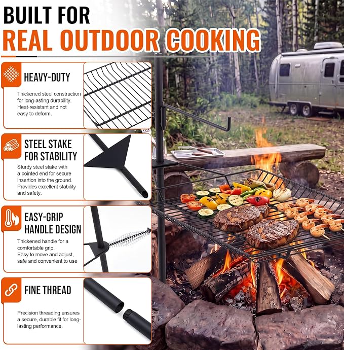 22" x 15" Fire Pit Campfire Grill Grate Campfire Grill Portable Open Fire Cooking Heavy-duty Swing Camping Cooking Barbecue Rack Easy Setup & Adjustable Height for Outdoor BBQ