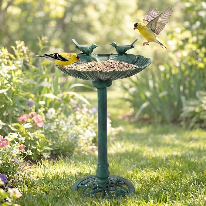 VINGLI Pedestal Bird Bath with Solar Fountain, Solar Pump Resin Birdbaths, Weather Resistant Bird Baths with Ground Stakes, Vintage Finish Garden Decor for Outdoor, Patio, Yard, Lawn(Green Shell)