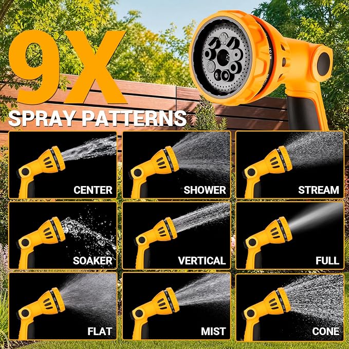 Retractable Garden Hose Reel:100 ft x 1/2 inch, Garden Hose Reel with 9-Pattern Nozzle, 180°Swivel Bracket Wall-Mounted, Automatic Rewind, Lock at Any Length, with Slow Return System