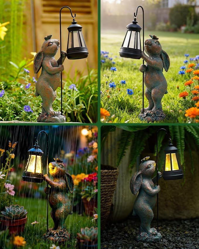 Pohabery Garden Statues Outdoor Bunny with Solar Lantern – Rabbit Yard Decor, Waterproof Resin Figurine Pathway Light for Easter Housewarming Gifts for Lawn & Patio
