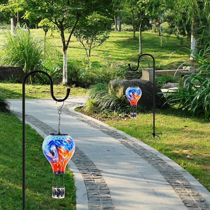 Starsoul Unique Hot Air Balloon Solar Lantern Glass Outdoor Hot Air Balloon Solar Flickering Flame Light Waterproof Hanging Lantern with Big Basket for Garden Yard Patio Decor