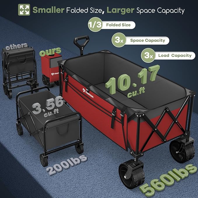 Hikemoon 300L Extra Large Wagons Carts Foldable, 560LBS Heavy Duty Collapsible Beach Wagon 48" Long with Big All-Terrain Wheels, Utility Folding Cart for Camping, Grocery, Sports, Garden, Red & Grey