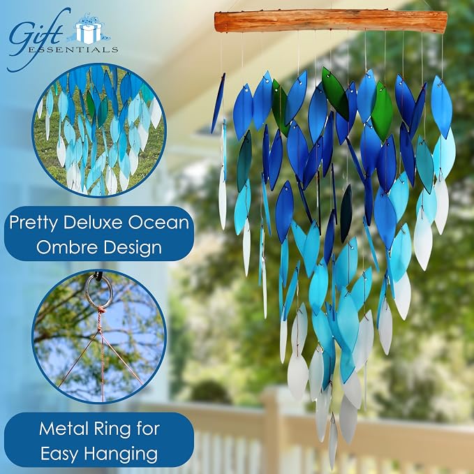 Blue Handworks Ocean Ombre Deluxe Waterfall Glass Wind Chime | Handcrafted Deluxe Waterfall Glass Wind Chime with Ombre Gradient from Deep Royal Blue to Soft Aqua and Frosted White