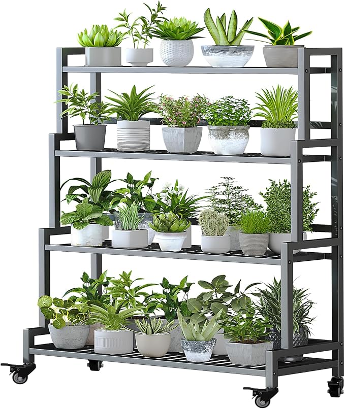 YIZAJIA Plant Stand Indoor 4 Tier Metal Outdoor Tiered Stands Shelf With wheel for Multiple Plants Potted Ladder Plant Holder Table Plant Pot Stand for Window Garden Balcony Living Room