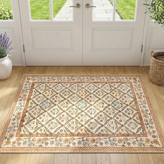 jinchan Vintage Floral 3x5 Washable Entryway Accent Area Rug, Terracotta | Soft & Lightweight, Checkered Floral, Low Pile, Non Slip, Entrance, Kitchen, Bedside, Girls Dorm, Cottage Decor