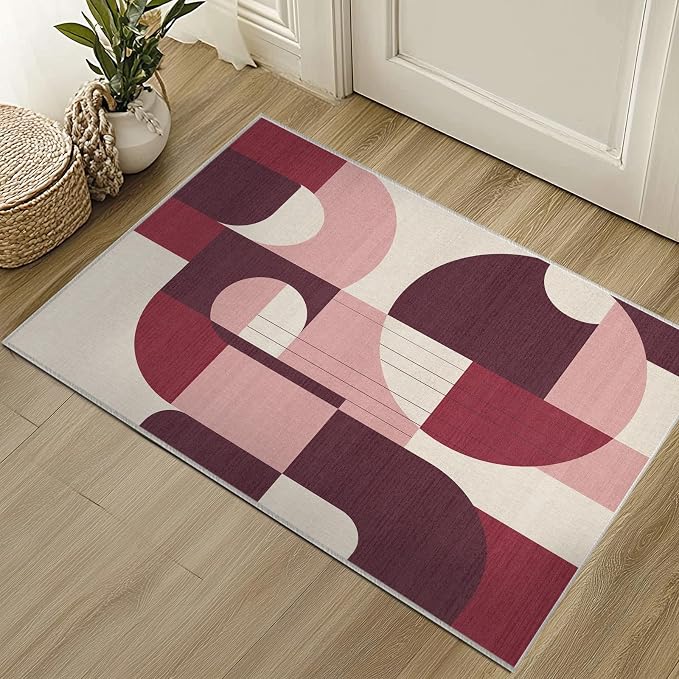 2x3 Burgundy and Pink Geometric Rug for Bathroom Entryway Dark Abstract Modern Area Rug Machine Washable Mat Non-Slip Small Carpet for Bedroom Kitchen Indoor