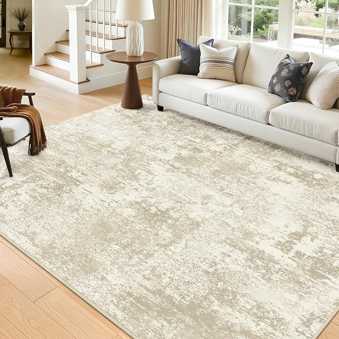 RELEANY Washable 8'x10' Abstract Area Rug for Living Room Cream Beige | Carpet for Bedroom, Kitchen, Office, Hallway and Entryway, Printed Pattern, Non‑Slip, Soft, Stain‑Resistant, Easy to Clean