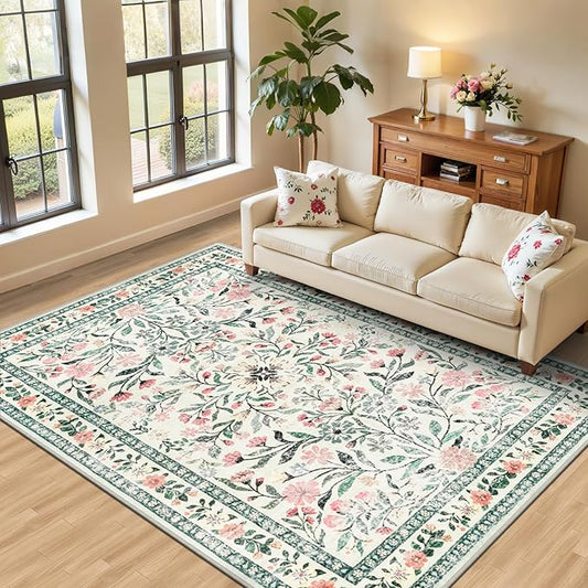 PLHXFR Area Rug Living Room: 5x7 Floral Washable Boho Carpet Green Beige | For Bedroom Dining Room Farmhouse Nursery Hallway,Vintage Floral,Machine washable,Non Slip,Stain Resistant,Large Indoor