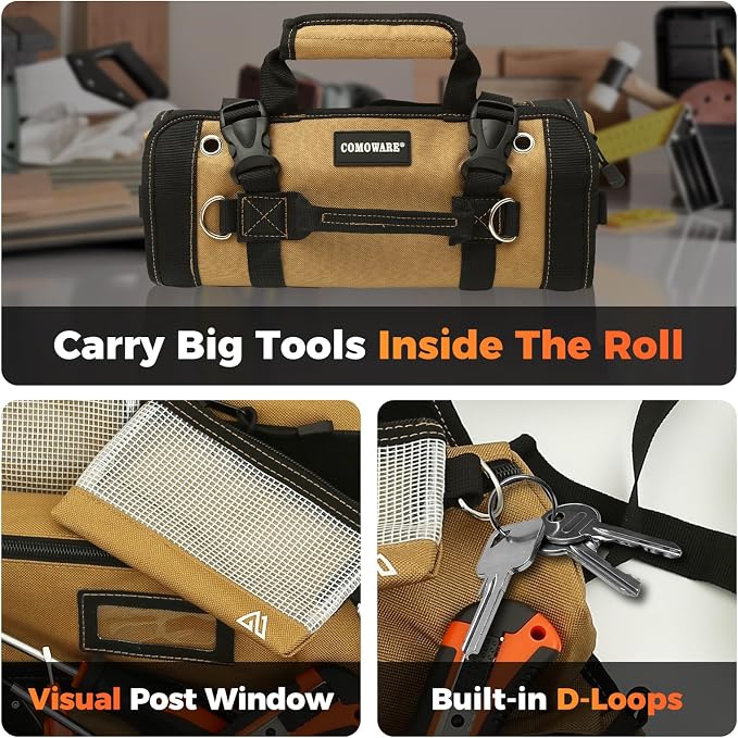 COMOWARE Roll Up Tool Bag, Gift for Dad, 600D Oxford PVC Coated Tool Organizer with 11 Pouches, 5 Exterior Wrench Pockets & Adjustable 51.2" Shoulder Strap for Mechanics, Plumbers, Camping, Motorcycle