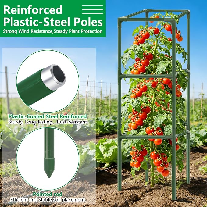 3 Pack Square Tomato Cages, 49'' Tall Heavy Duty Steel Tomato Trellis Kit for Garden, Plant Support Tower Stakes Cucumber Pepper Trellis for Climbing Vegetable Flowers