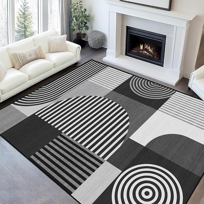 Area Rug 5x7 Grey Geometric Rug for Living Room Black White Machine Washable Gray Minimalist Mid Century Modern Rugs Non Slip Low Pile Large Dining Room Indoor Floor Carpet for Bedroom Office