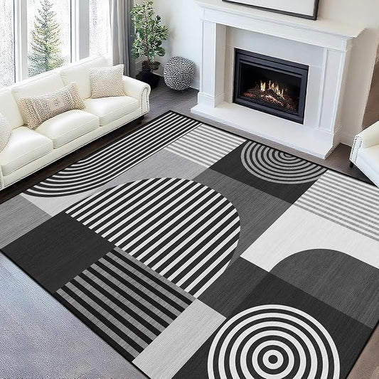 Area Rug 6x9 Living Room Grey Geometric Mid Century Modern Rug Machine Washable Black White Gray Minimalist Area Rugs Non Slip Low Pile Large Dining Room Indoor Floor Carpet for Bedroom Office