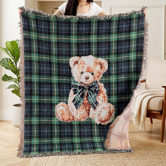 Moukeren 60 x 50 Inch Tartan Plaid Bear Baby Woven Tapestry Throw Blanket Green Blue Scottish Tartan Throw Blanket with for Office Bed Living Room Bedroom Sofa Chair Couch Crib