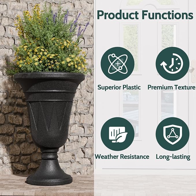 23.6" Tall Plastic Urn Planters for Outdoor Plants, Set of 2 Heavy-Duty Classic Indoor Large Flower Pots with Drainage Holes & Trophy Design, Outdoor Planters for Porch, Home Garden, Black