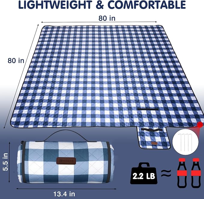 HX&OD Outdoor Picnic Blanket, Extra Large, 80''x80'' Waterproof Foldable Blankets Gingham Picnic Mat for Beach, Camping Grass Lawn Park Accessories Cute Couple Ideas Wedding (Blue, 80”x80”)