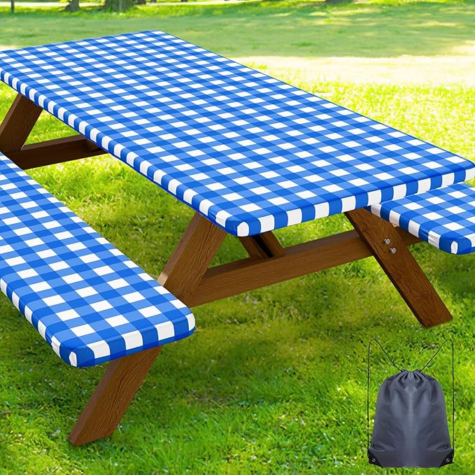 Smiry Picnic Table Cover with Bench Covers, Waterproof Elastic Fitted Tablecloths for 24x48 Rectangle Tables, Washable Buffalo Plaid Tablecloth for Camping, Outdoor (Blue & White, 24" x 48")