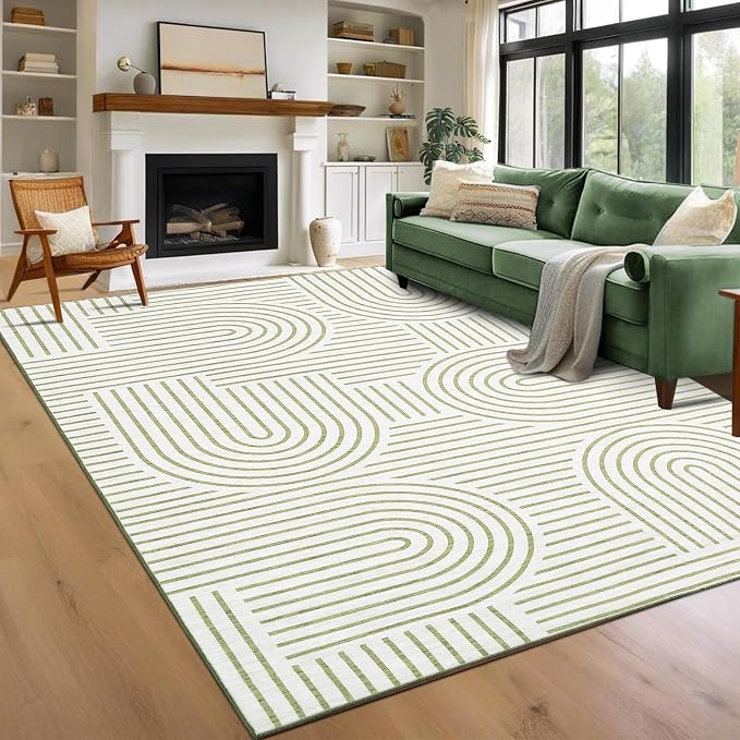 ROYHOME Modern Washable Rug 9x12 Area Rugs for Living Room Non Slip, Green | Abstract Rug for Bedroom, Rainbow Throw Rugs with Rubber Back, Low Pile Stain Resistant Boho Geometric Carpet for Dining Room