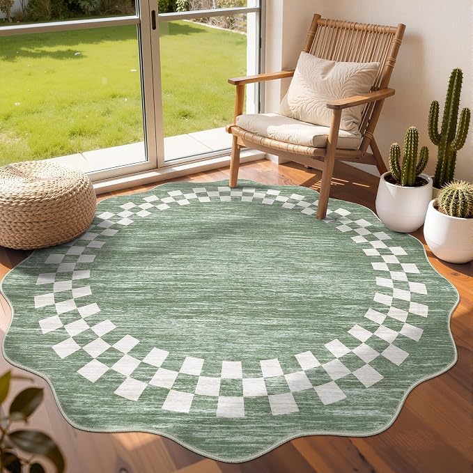 GarveeHome 6ft Washable Round Rug for Entryway Modern Bedroom Circle Rug | Checkered Non Slip Soft Dining Room Round Throw Carpet Large Stain Resistant Border Rugs for Living Room Kitchen, Green